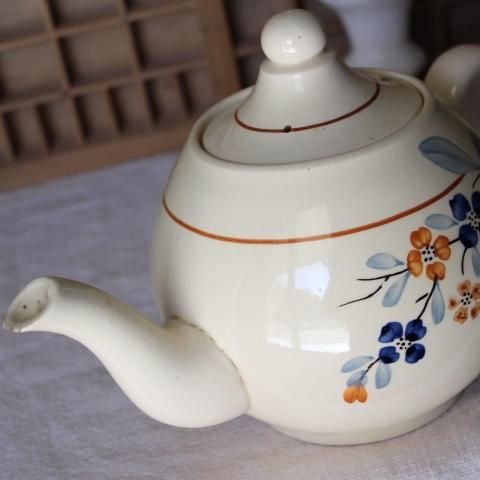 フランスアンティークハンドペイントティーポット型花柄ホーローポット