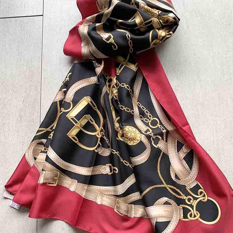 イタリア製ポリエステル 赤黒スカーフ ベルト柄