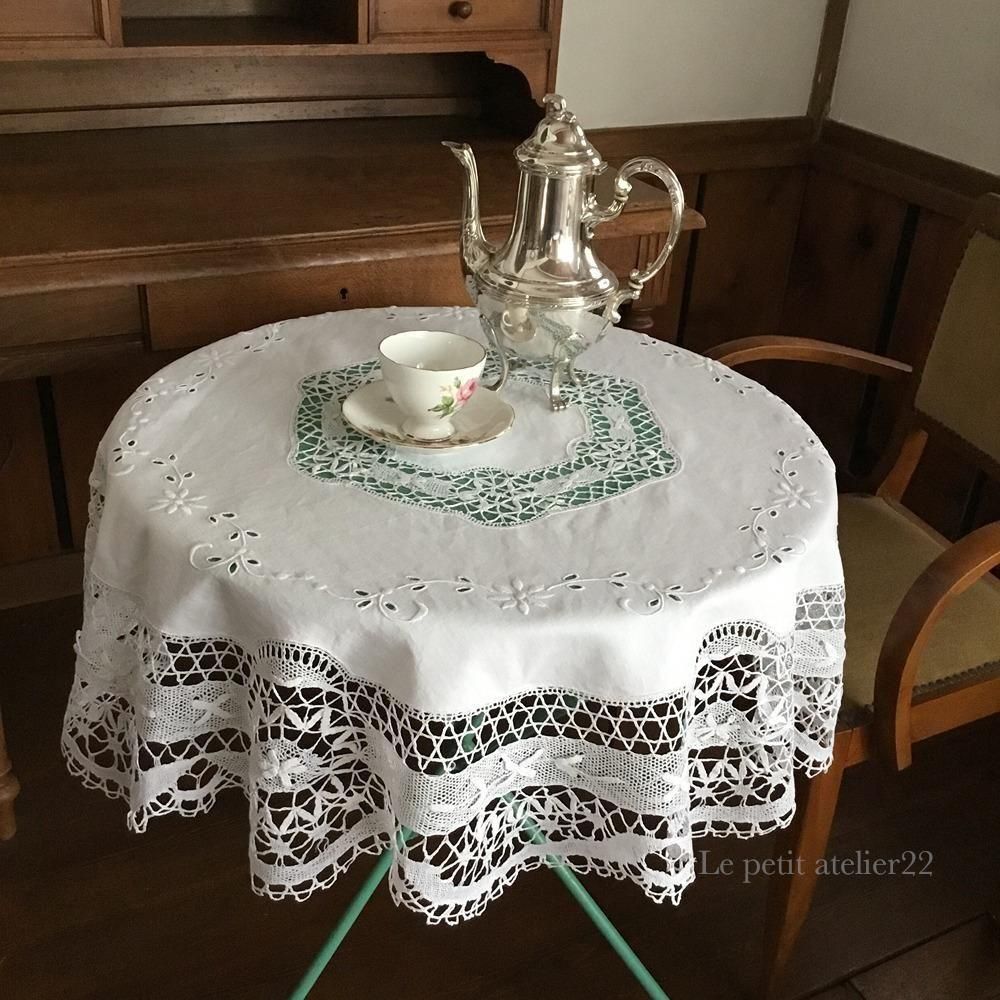 円形) フランス アンティーク リネン テーブルクロス ボビンレース