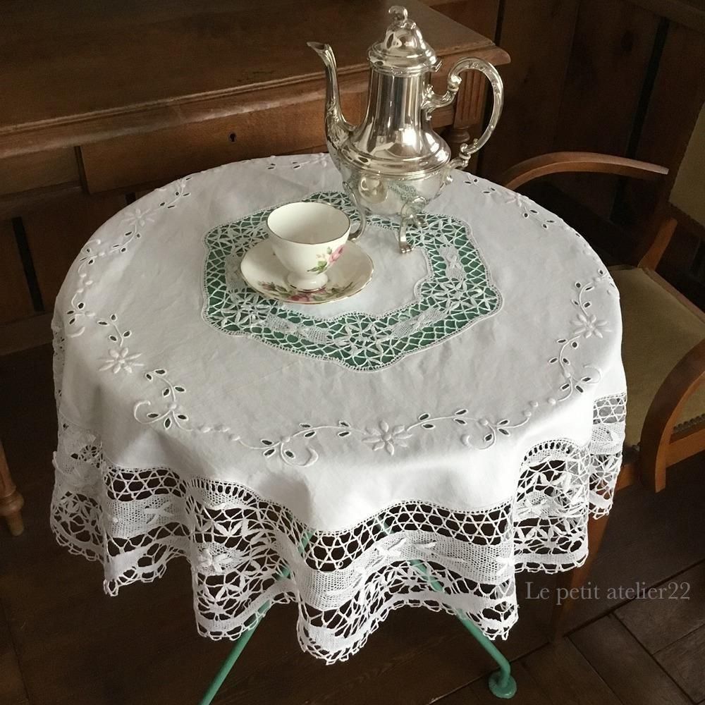 円形) フランス アンティーク リネン テーブルクロス ボビンレース