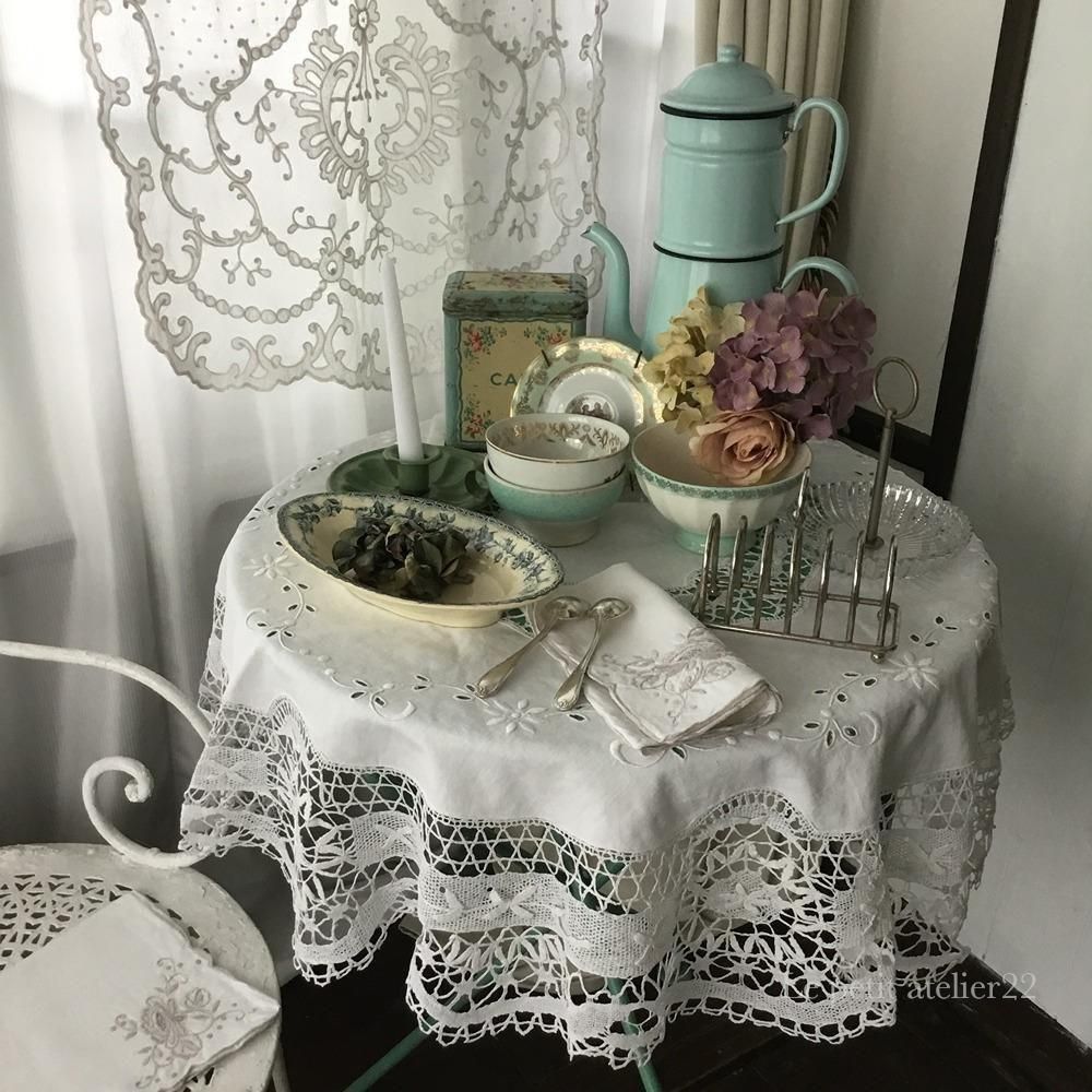 レーステーブルクロス ボビンレース 楕円) フランス アンティーク リネン ダマスク織 ボビンレース
