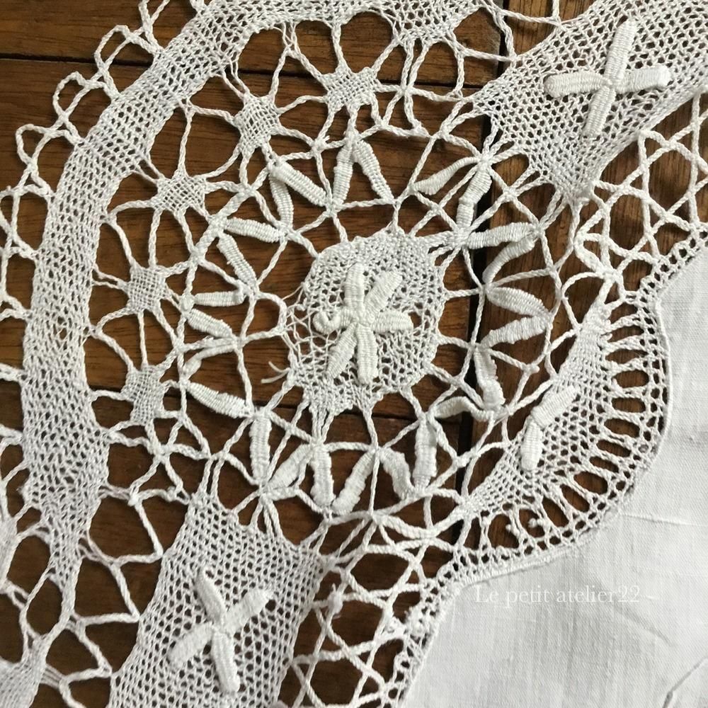 円形) フランス アンティーク リネン テーブルクロス ボビン