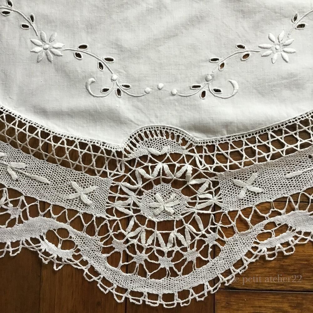 テーブルクロス ボビンレース アンティーク 円形) フランス アンティーク リネン テーブルクロス ボビン