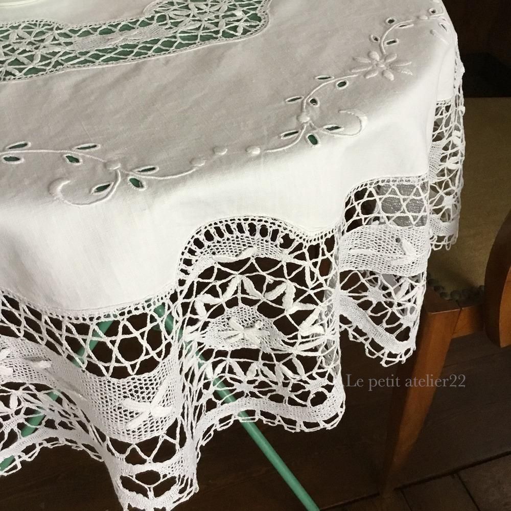 円形) フランス アンティーク リネン テーブルクロス ボビン