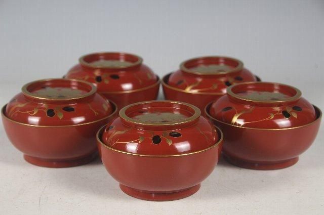 菓子椀昭和初期朱蒔絵桜図5客セットアンティーク