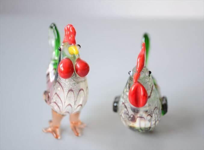 ガラスのニワトリ二羽セット ヴィンテージの美しさアンティーク