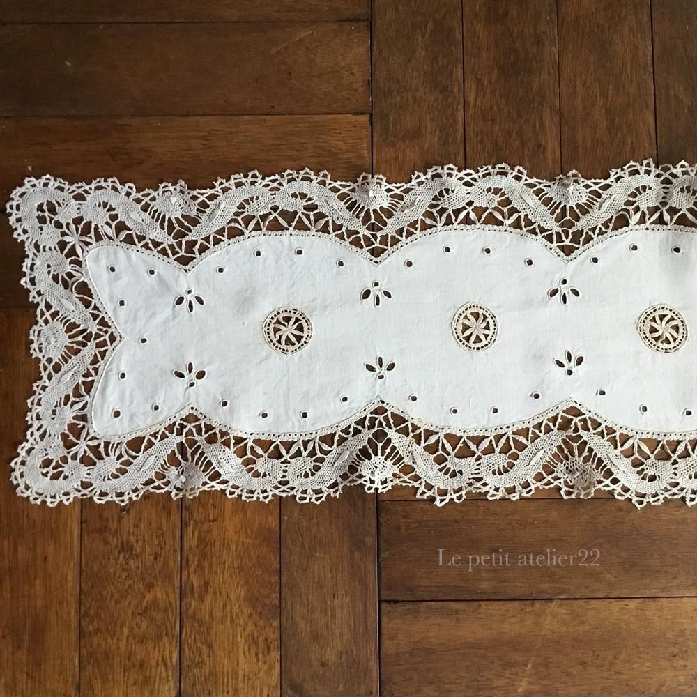 フランス アンティーク リネン テーブルランナー/テーブルセンター