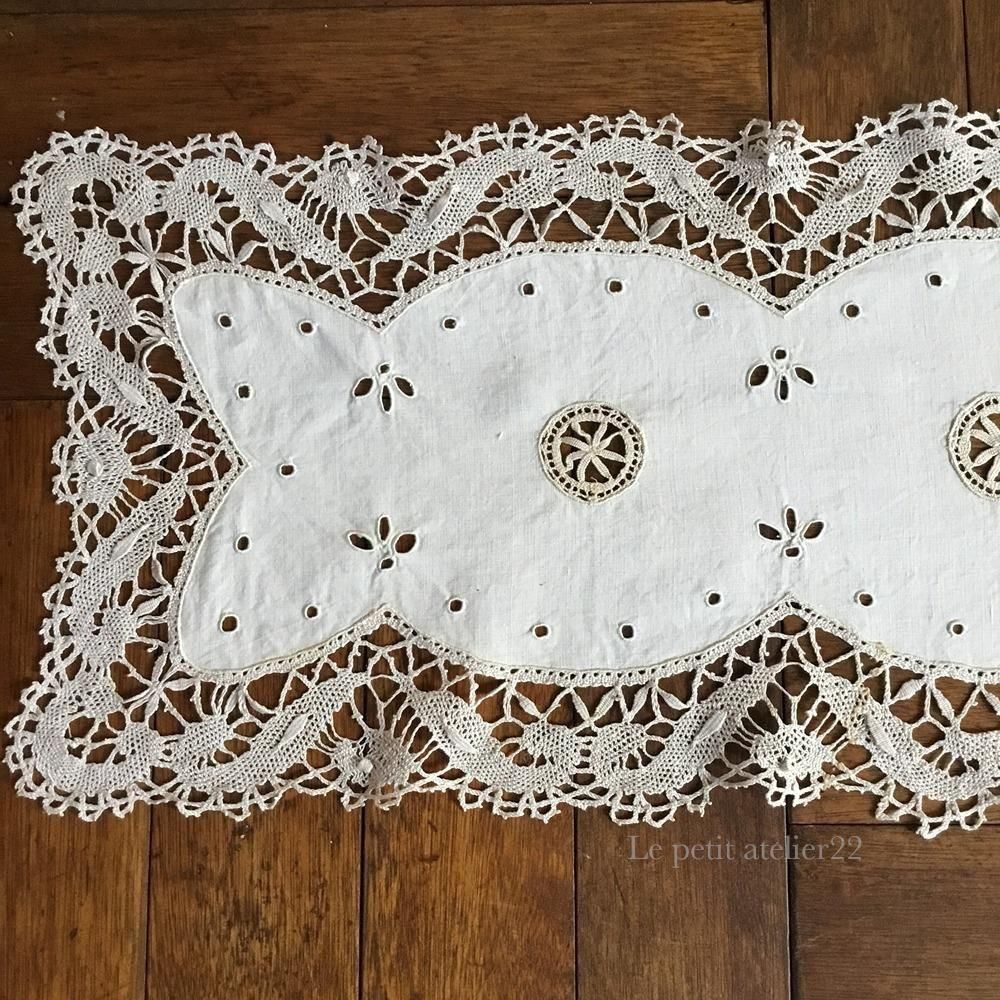 フランス アンティーク リネン テーブルランナー/テーブルセンター