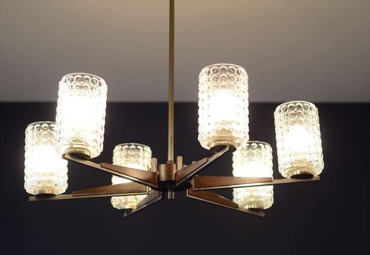 ジャパンヴィンテージ ガラスシェードのシャンデリア 6灯 天井照明 ドイツ製 1960年代頃の6灯ガラスシャンデリア ミッドセンチュリー