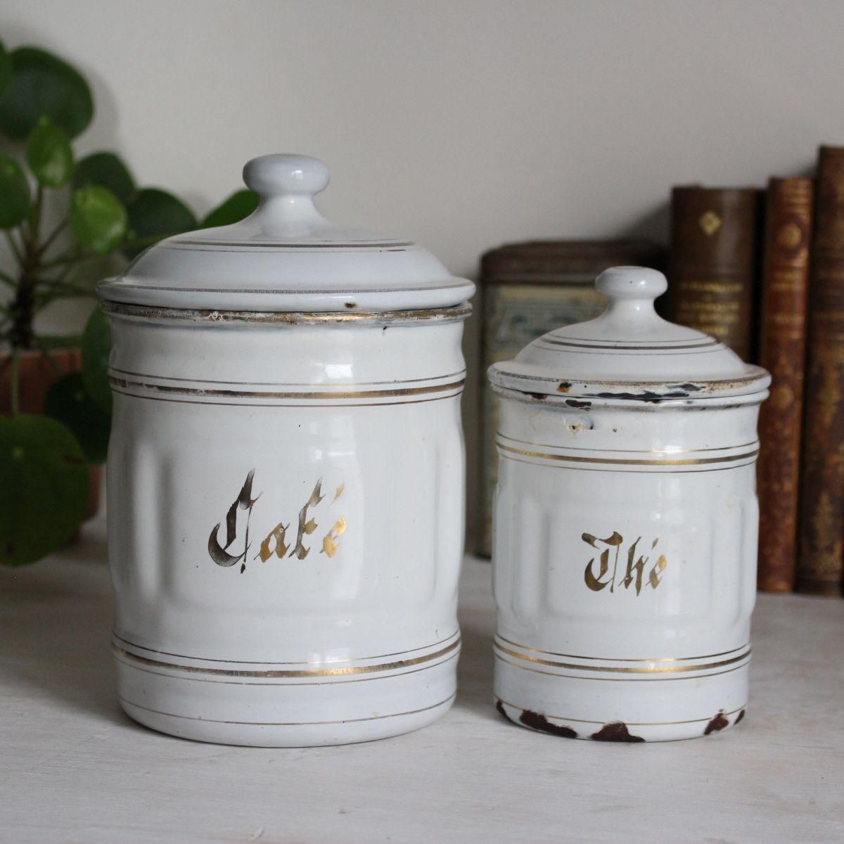 フランス アンティーク ☆ホーローキャニスター2点（Café & Thé） 白