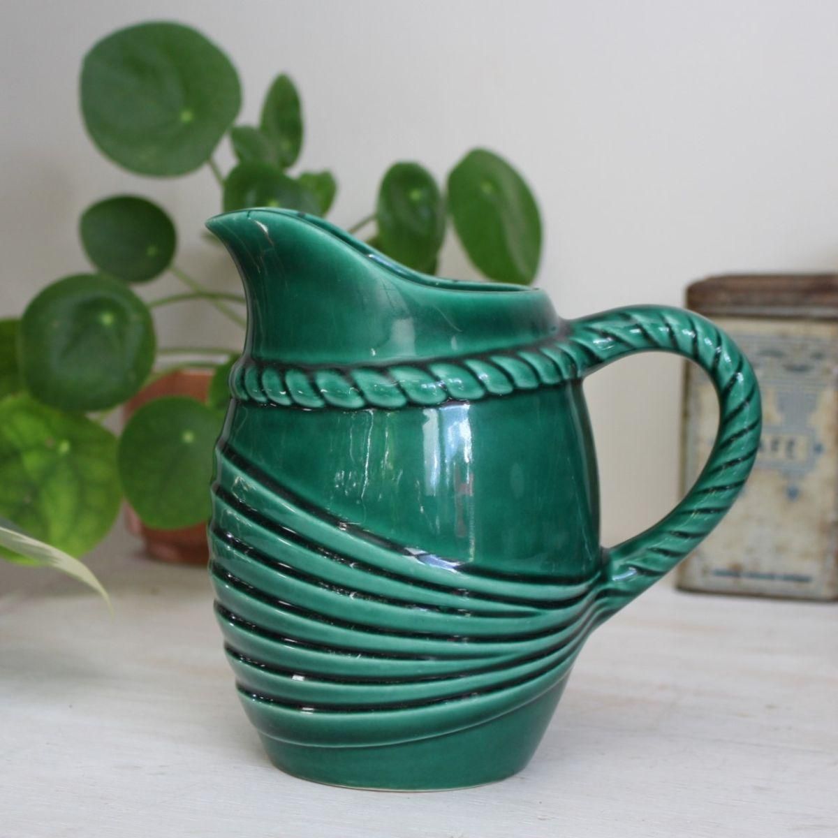 フランス ブロカント深緑の陶器ピッチャー 1L (P.L. FRANCE / BANDEAU