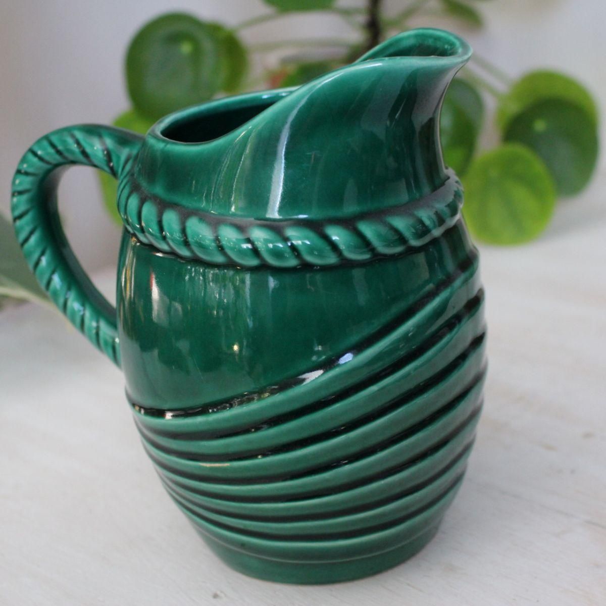 フランス ブロカント深緑の陶器ピッチャー 1L (P.L. FRANCE / BANDEAU