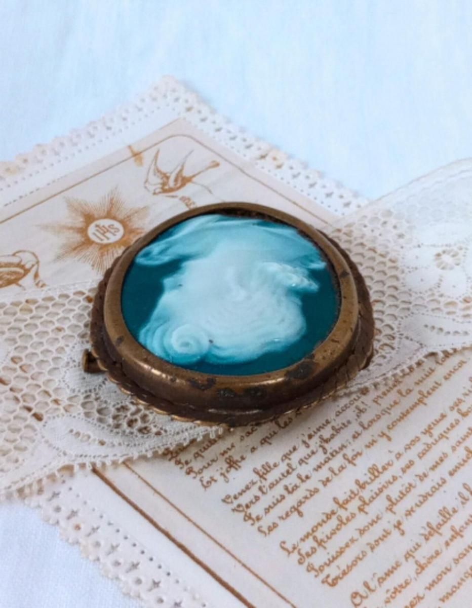アンティークブローチ リモージュ製カメオ×真鍮 オーバル 藍色