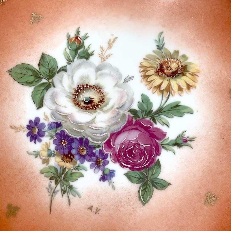 リモージュ 大型ケーキ皿 Limoges 赤ブーケ柄に金彩 12TWcr5