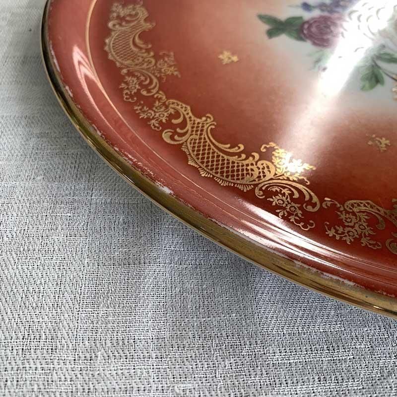 リモージュ 大型ケーキ皿 Limoges 赤ブーケ柄に金彩 12TWcr5