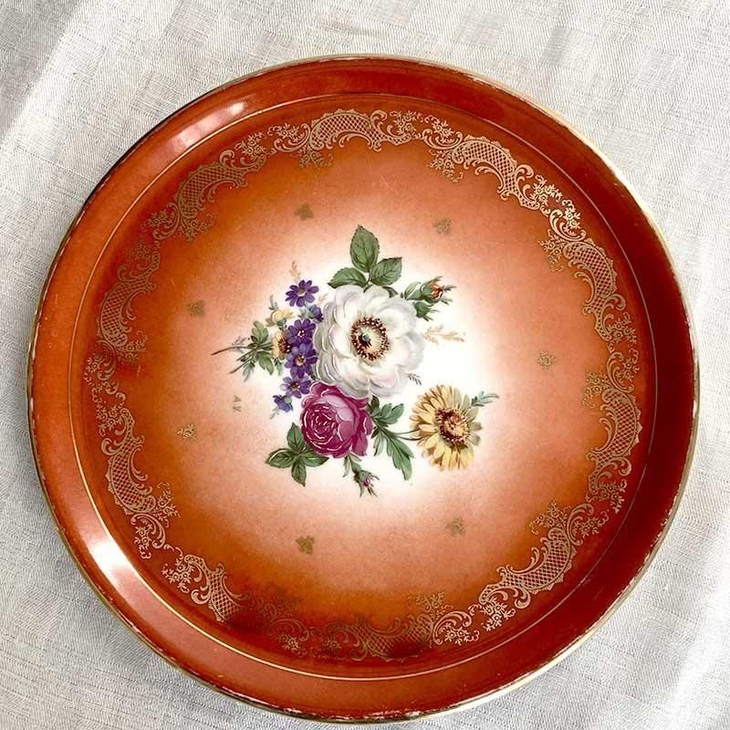 リモージュ 大型ケーキ皿 Limoges 赤ブーケ柄に金彩 12TWcr5