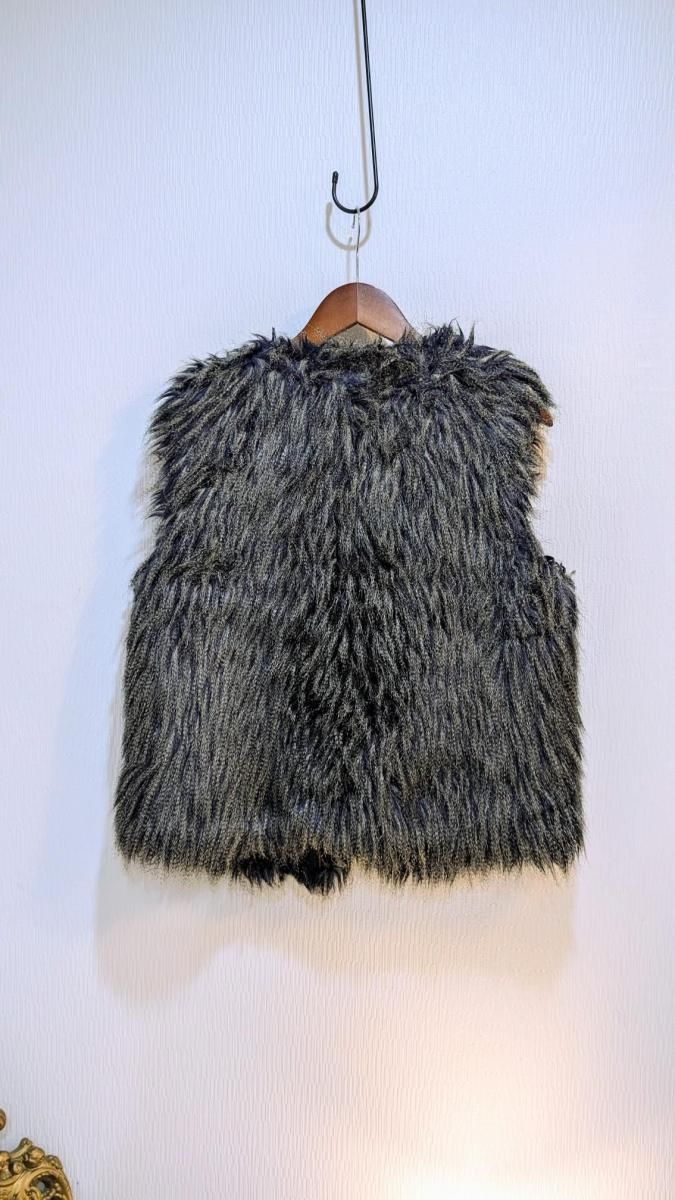 フランス製 ふわふわ フェイクファー ジレ T 44 グレー ブルー ベスト