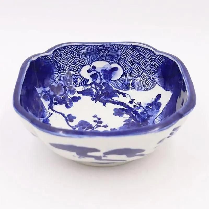 手描き 隅入 染付 中鉢 呉須 藍 紺 盛り鉢 飾り鉢 アンティーク 骨董