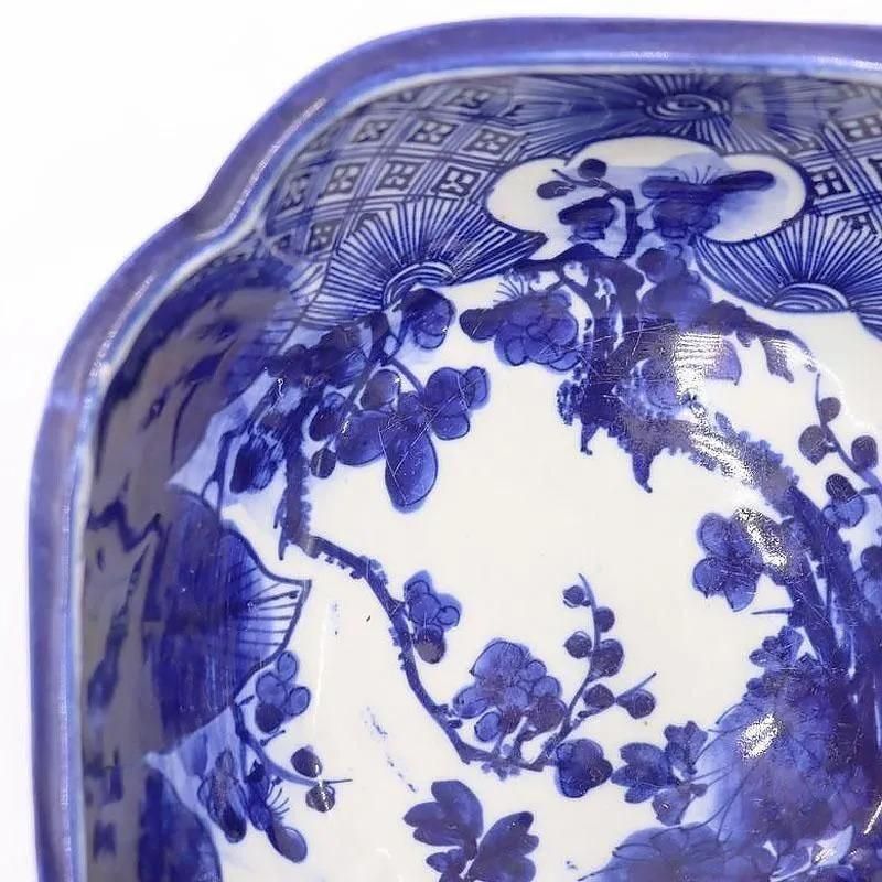 手描き 隅入 染付 中鉢 呉須 藍 紺 盛り鉢 飾り鉢 アンティーク 骨董