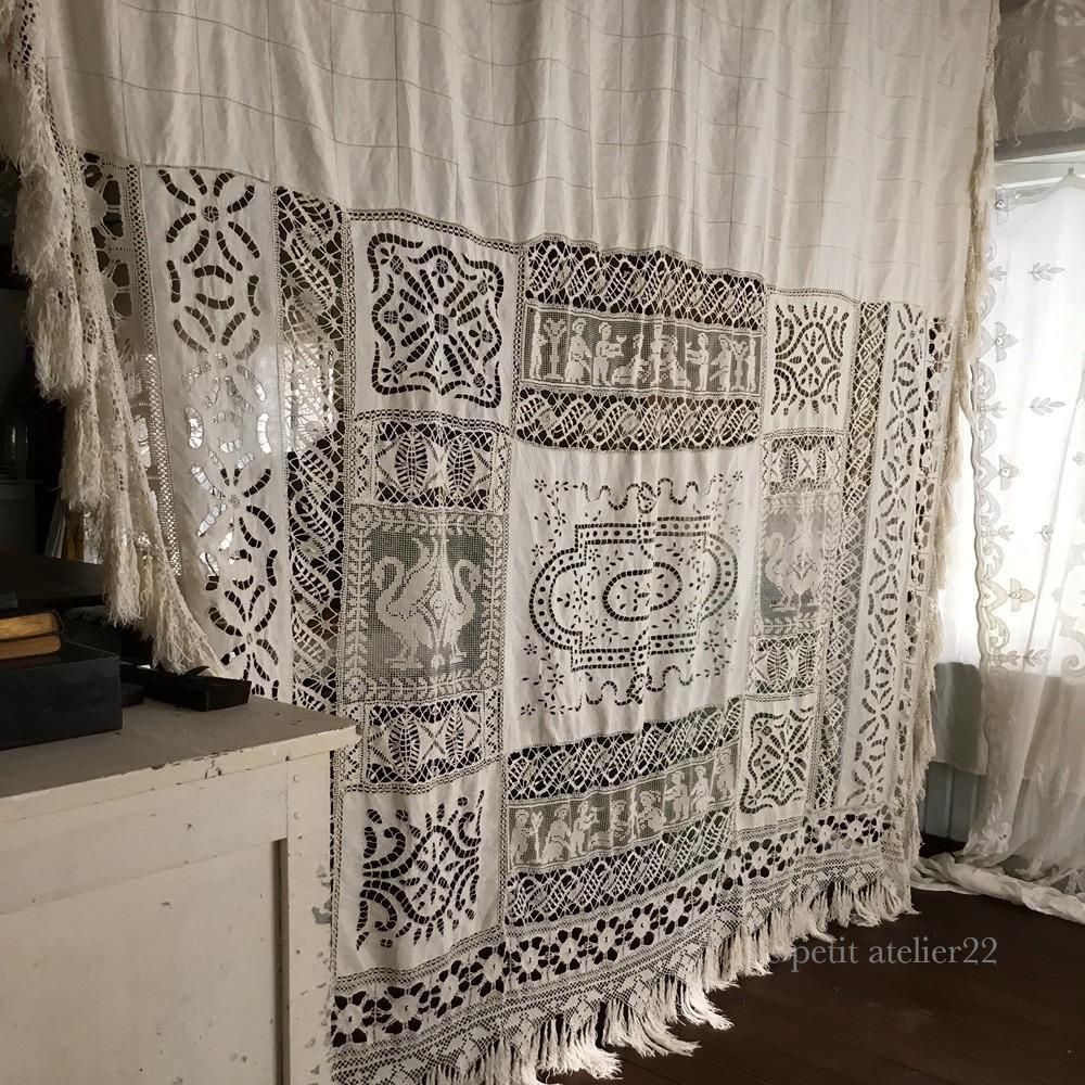 特大) フランス アンティーク リネン ベッドカバー / カーテン