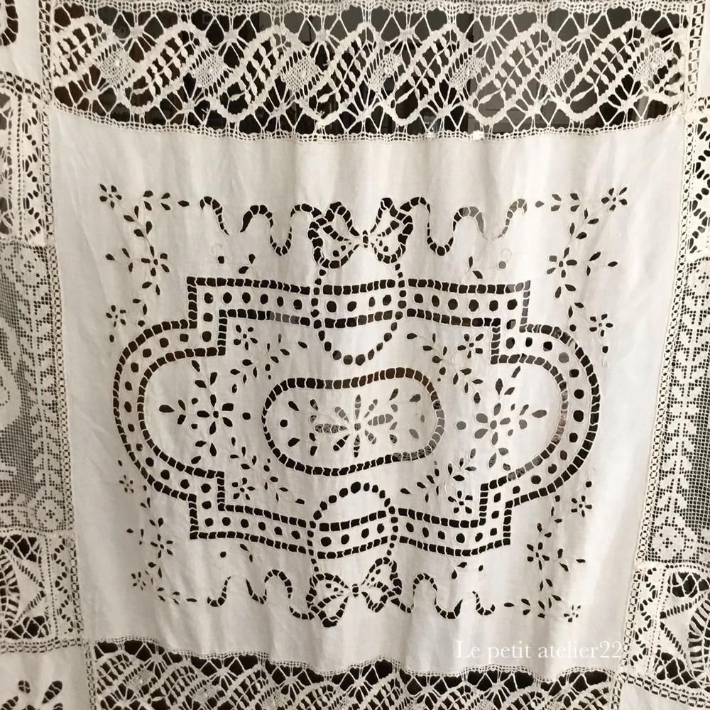 特大) フランス アンティーク リネン ベッドカバー / カーテン