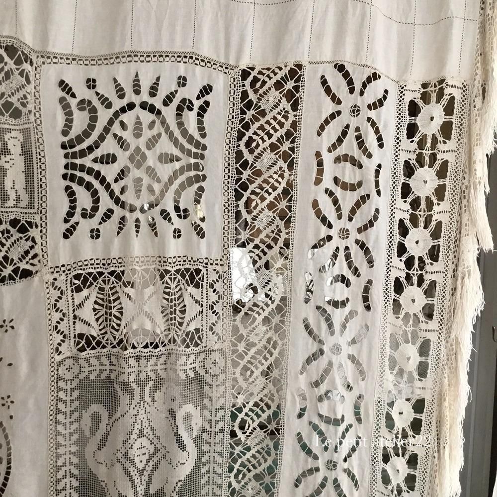 特大) フランス アンティーク リネン ベッドカバー / カーテン