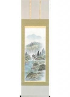 G 彩色山水 保母一峰 桐箱入り 掛け軸 床の間 定価7.5 尺五立 絵画