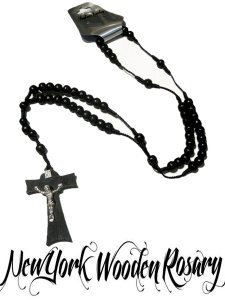 Wood Beaded Rosary All Black ”Silver Cross”