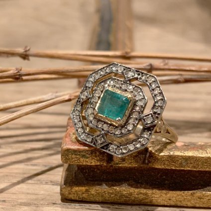 Art deco Emerald Diamond Antique Ring (アールデコ エメラルド