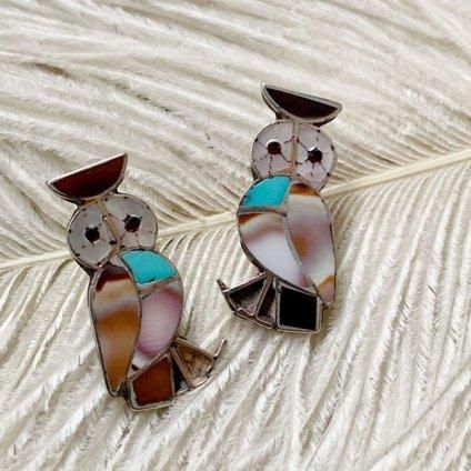 Inlay Owl Silver Pierced Earringsʥ쥤ե Сԥ