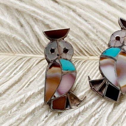 Inlay Owl Silver Pierced Earringsʥ쥤ե Сԥ