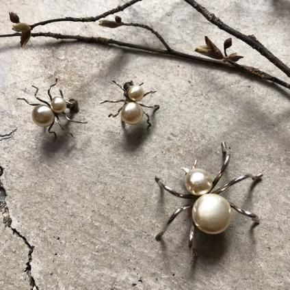 192030's Silver Glass Pearl Spider Brooch&Earrings192030ǯ С 饹ѡ ֥󥰡