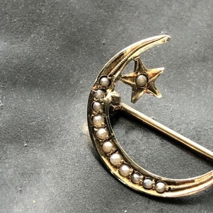 Victorian 14K Seed Pearl Moon & Star Broochʥȥꥢ 14K ɥѡ  ֥