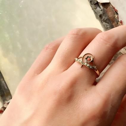 Victorian 9K Coral/Pearl Forget-me-not Ring(ヴィクトリアン 9K