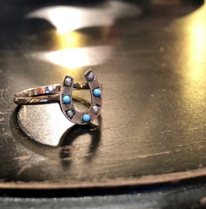 Victorian 9K Turquoise/Pearl Horse Shoe Ring（ヴィクトリアン 9K ターコイズ/パール 馬蹄 リング）