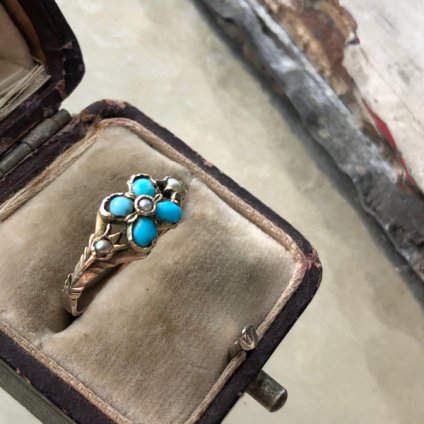 Georgian 18K Turquoise/Pearl Forget-me-not Ring（ジョージアン 18K ターコイズ/パール 忘れな草 リング）