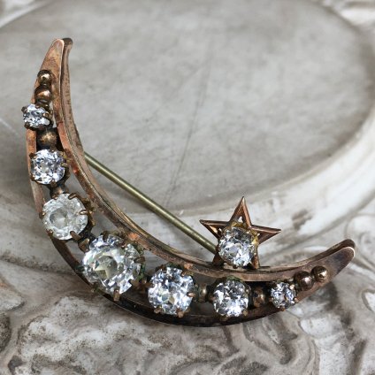 1930's Clear Glass Moon & Star Brooch（1930年代 クリアガラス 月&星 