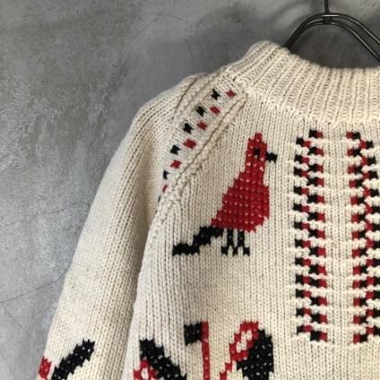 Vintage Knit Raglan Oversize Marine Pattern Cross-stitch