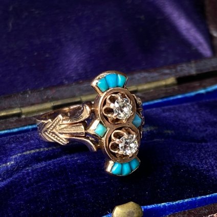 c.1882 18KPG Diamond Turquoise Antique Ring（1882年製 18金ピンクゴールド ダイヤモンド ターコイズ アンティーク リング）