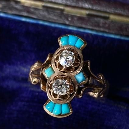 c.1882 18KPG Diamond Turquoise Antique Ring（1882年頃 18金