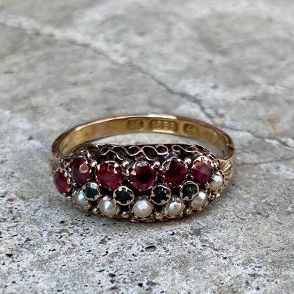 Victorian 15KYG Pearl Emerald Garnet Antique Ring（ヴィクトリアン 