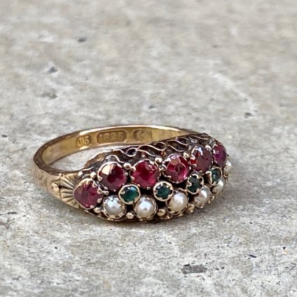 Victorian 15KYG Pearl Emerald Garnet Antique Ring（ヴィクトリア 