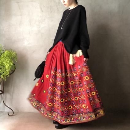 Vintage Embroidered Gather Flared Skirt Red(ヴィンテージ 刺繍
