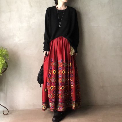 Vintage Embroidered Gather Flared  Skirt Redʥơ ɽ 㥶ե쥢  åɡ