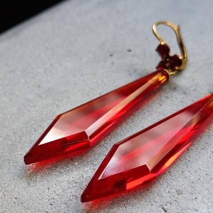 1930's France Red Glass Earringsʥե å 饹 ԥDead Stock