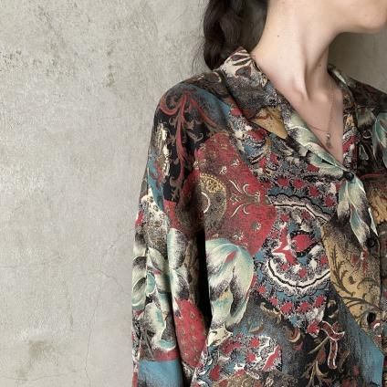 Vintage Ethnic Flower Print Open Collar Shirtʥơ ˥åե ץ ɥޥ󥷥ġ