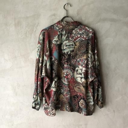 Vintage Ethnic Flower Print Open Collar Shirtʥơ ˥åե ץ ɥޥ󥷥ġ