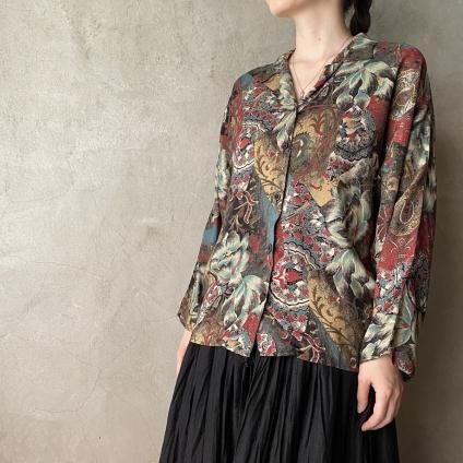 Vintage Ethnic Flower Print Open Collar Shirtʥơ ˥åե ץ ɥޥ󥷥ġ