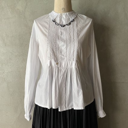 Antique Cotton Pin Tuck & Scalloped Embroidery Blouse 