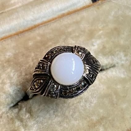 1940's Silver Marcasite Milk Glass Ring（1940年代 シルバー